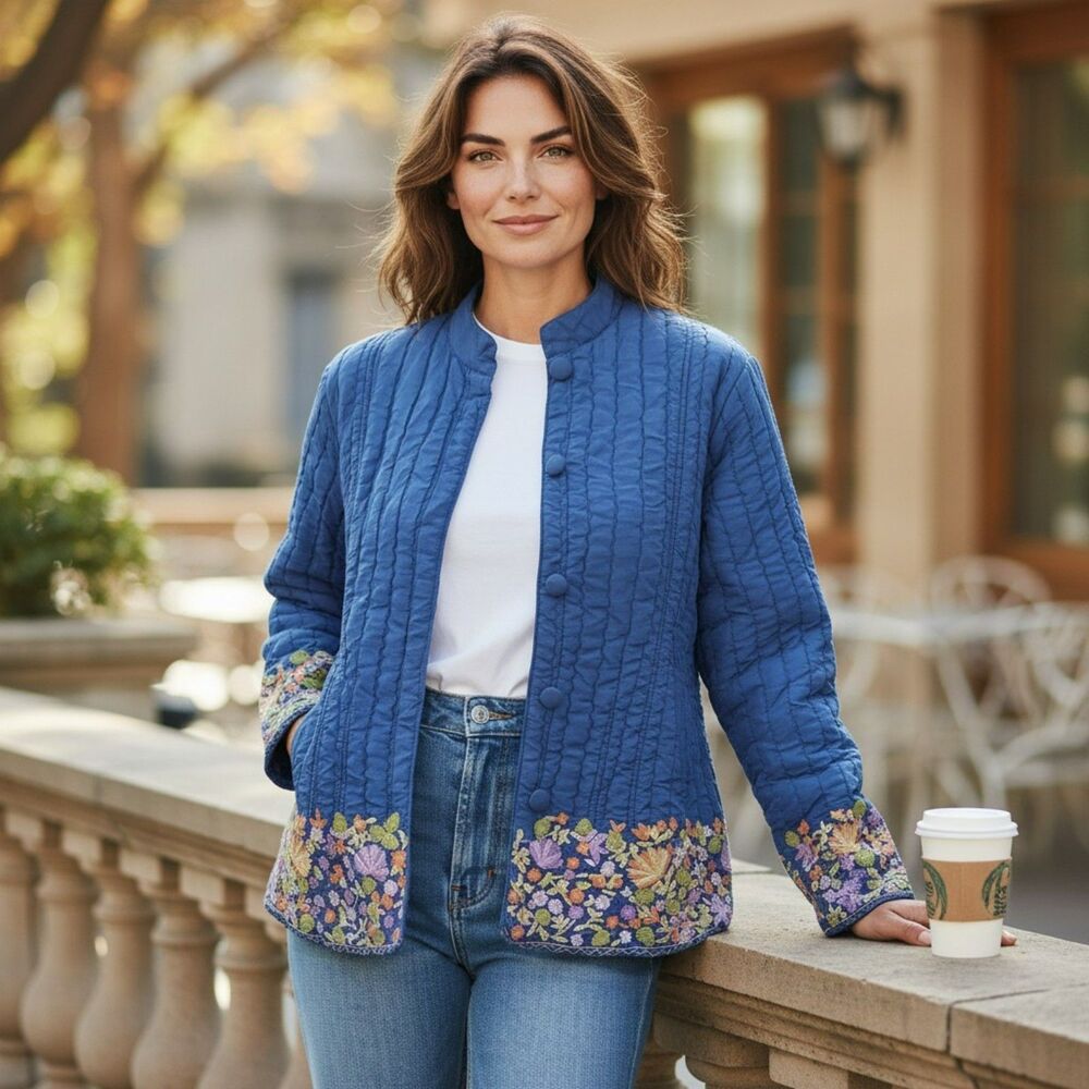 Kiko Comfortable Women’s Blue Jacket 100 % Silk Size L  long sleeves # 49